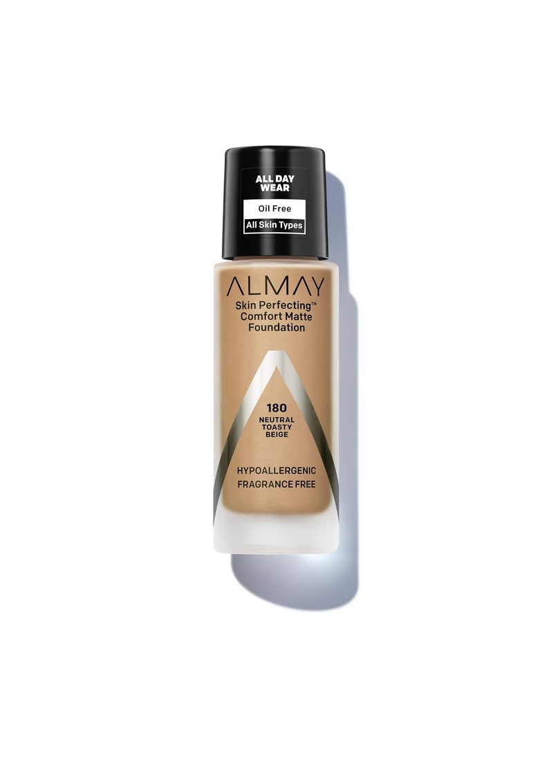Almay Almay Skin Perfecting Comfort Matte Foundation Liquid Makeup Hypoallergenic Cruelty  FragranceFree DermatologistTested 180 Neutral Toasty Beige 1 fl oz 