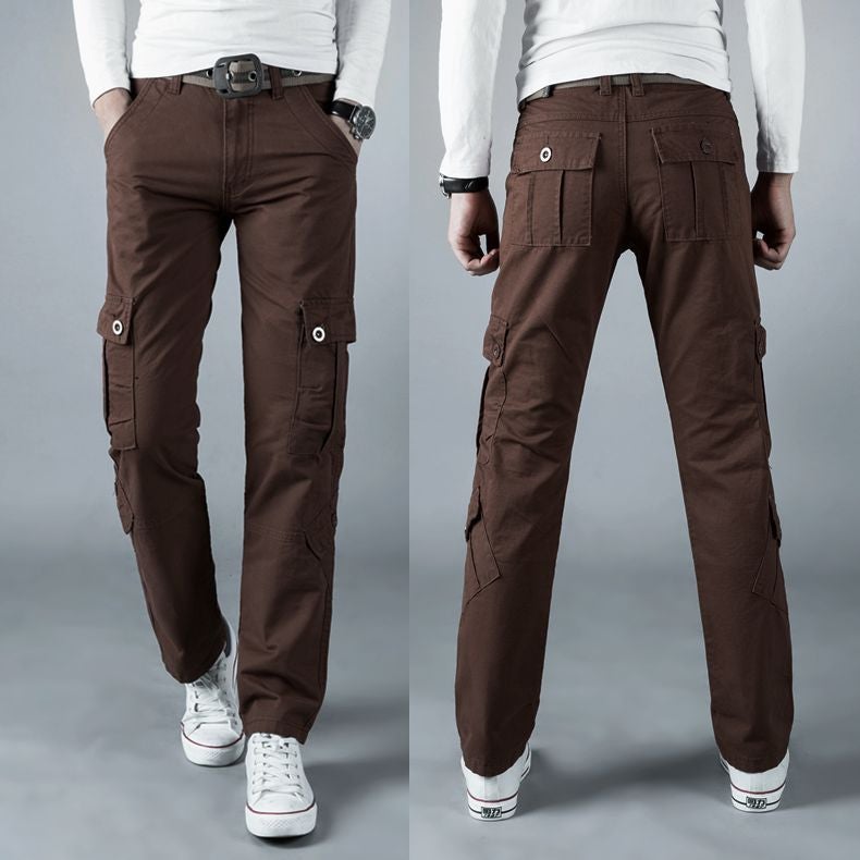 Men's Cotton Cargo Work Pants Loose Straight Fit Multi-Pocket Wear-Resistant Trousers
