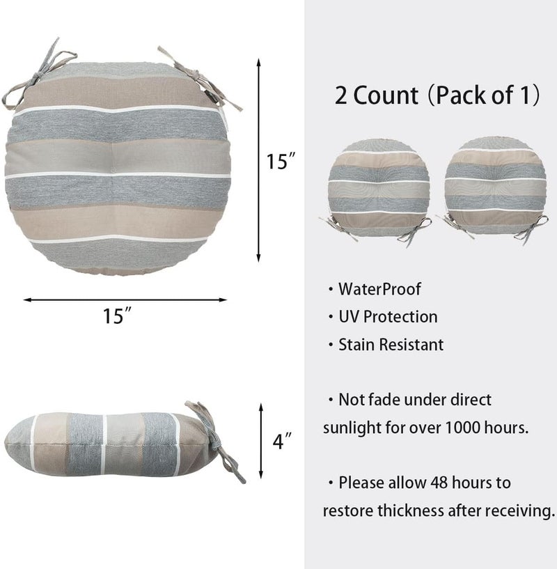 FUNHOME Bistro Chair Cushions 15 inch,Set of 2,Tufted Round Chair Cushions with Ties,15"x15"x4",Water Resistant Round Seat Cushion for Barstool Chairs,Patio Garden Kitchen Outdoor Furniture(Gray Stripe) - Image 5