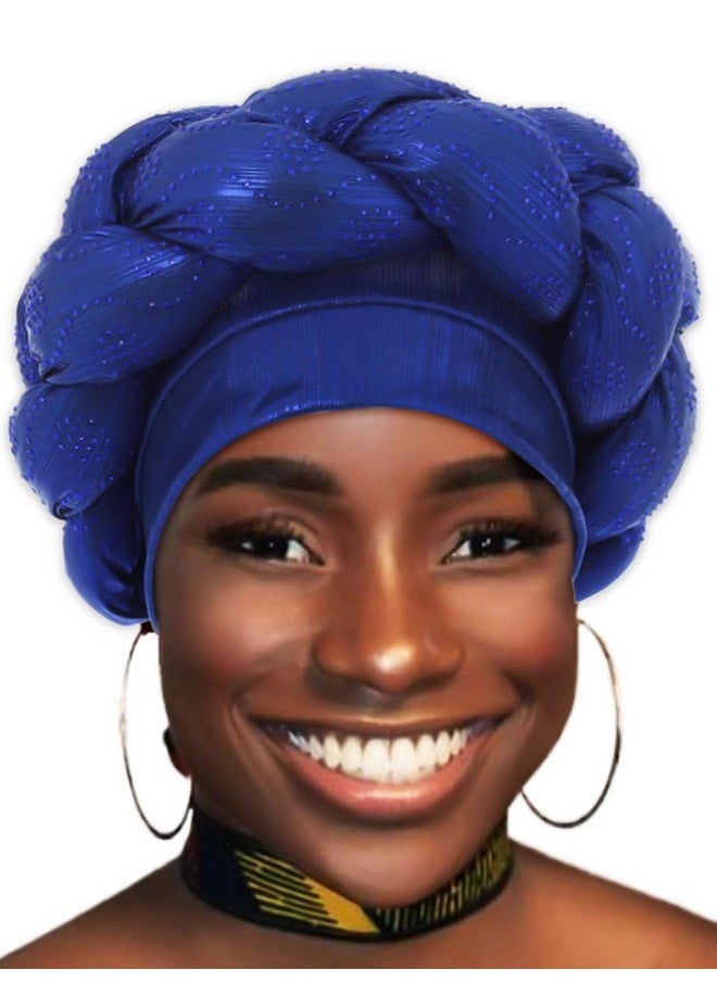 Woeoe - African Turban Head Wrap Navy Blue Braid Beanie Cap Headwear Crystals Twisted Head Turbans For Women And Girls (Blue) - Image 1