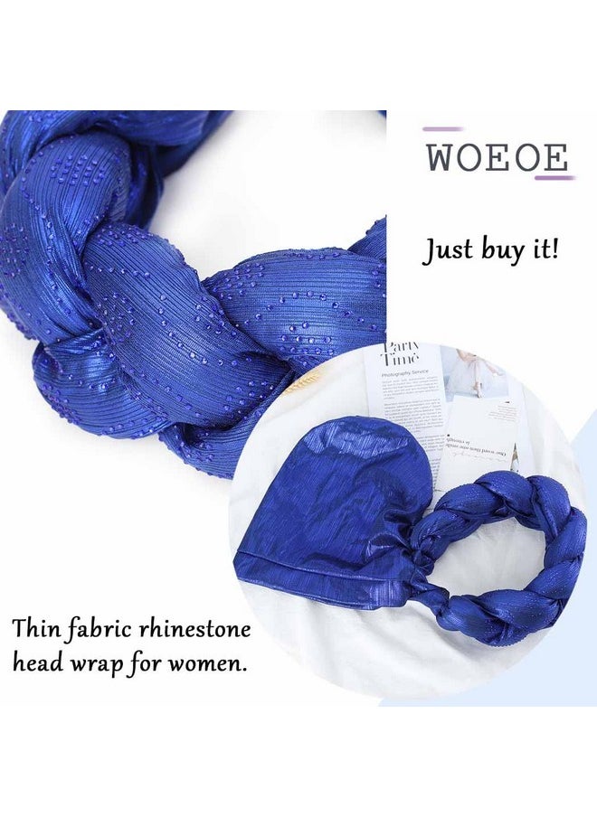 Woeoe - African Turban Head Wrap Navy Blue Braid Beanie Cap Headwear Crystals Twisted Head Turbans For Women And Girls (Blue) - Image 1