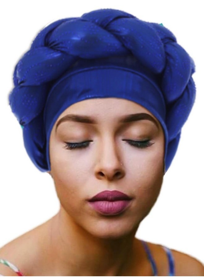 Woeoe - African Turban Head Wrap Navy Blue Braid Beanie Cap Headwear Crystals Twisted Head Turbans For Women And Girls (Blue) - Image 1
