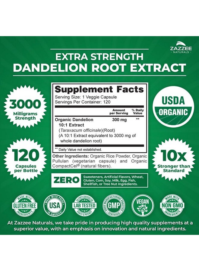 Zazzee USDA Organic Dandelion Root 10:1 Extract, 3000 mg Strength, 120 Capsules, 4 Month Supply, Standardized and Concentrated 10X Extract, 100% Vegetarian, All-Natural and Non-GMO - Image 3