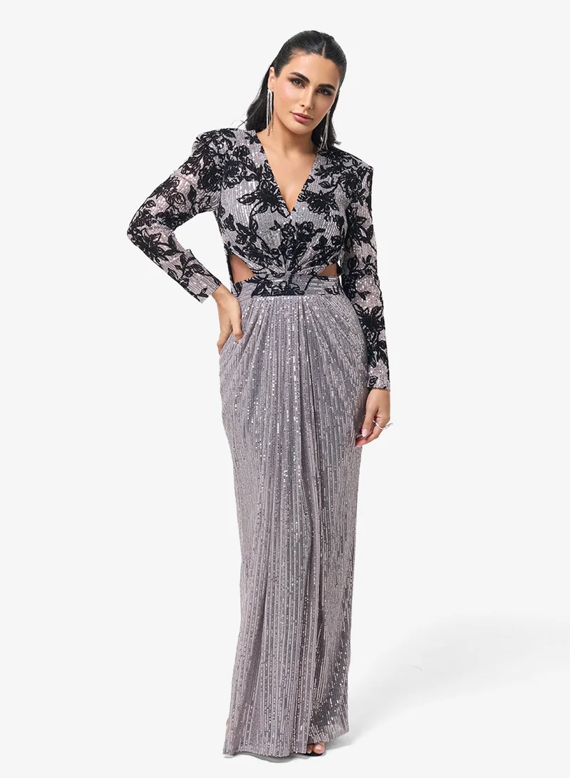 Threadz by Ajooni  V-Neck Lace Detail Maxi Dress for Women | Best Price UAE