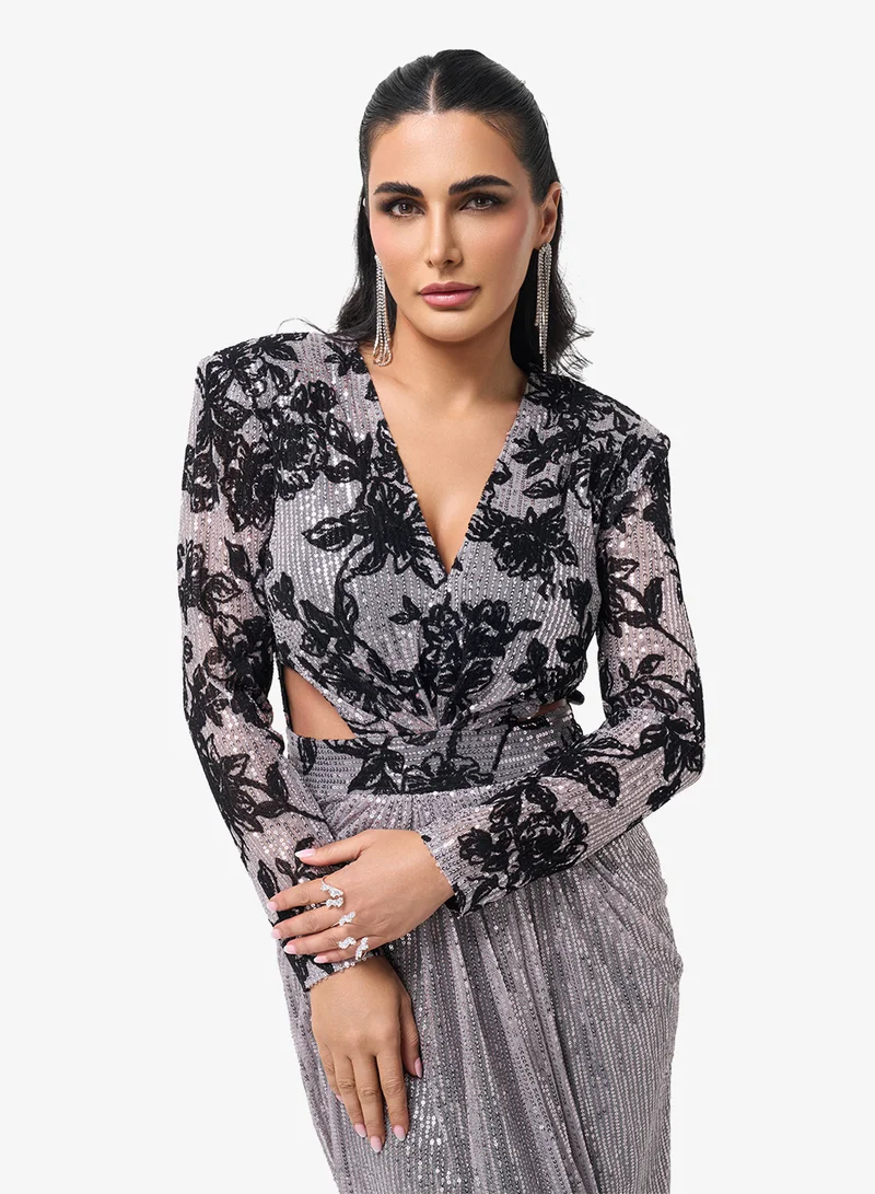 Threadz by Ajooni  V-Neck Lace Detail Maxi Dress for Women | Best Price UAE