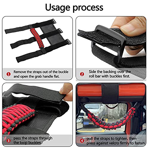 Kujunpao 4 X Roll Bar Grab Handles Grip Handle Compatible with Jeep Wrangler JLU JK JKU TJ YJ LJ JT JL & Gladiator JT 1987-2021 UTV & ATV, Fits 1.5 to 3 Inch Bars 3 Straps Woven Holder(Red) - Image 3