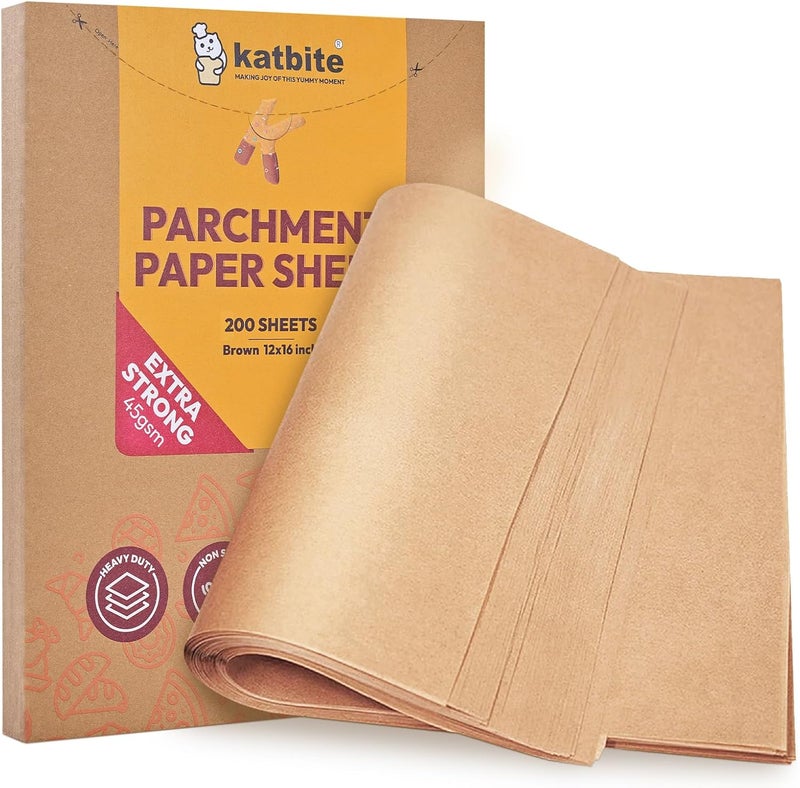 katbite 200Pcs 12x16 In Unbleached Parchment Paper for Baking, Precut Parchment Paper Sheets, Heavy Duty Flat Baking Paper, Half Sheet Baking Sheets for Baking Cookies, Cooking, Air Fryer, Oven - Image 1