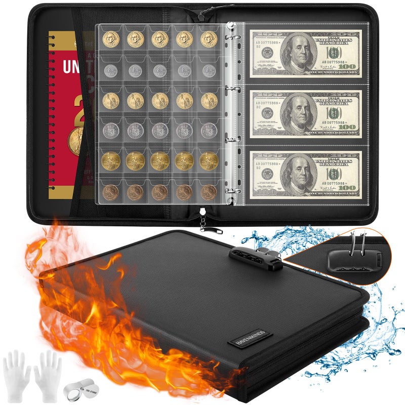 HavenMinds Coin Collection Book with Lock,Fireproof Holders for Collectors,300 Pockets Coin Collection Supplies & 72 Sleeves Currency Storage Case,Coin Organizer Collecting Album for Bill,Pennies,Quarters,Stamp - Image 1
