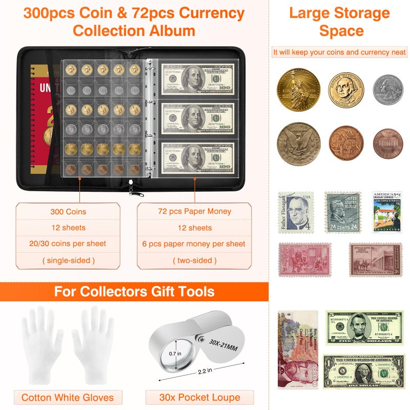 HavenMinds Coin Collection Book with Lock,Fireproof Holders for Collectors,300 Pockets Coin Collection Supplies & 72 Sleeves Currency Storage Case,Coin Organizer Collecting Album for Bill,Pennies,Quarters,Stamp - Image 3