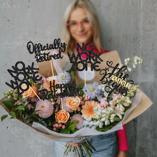 Ephlyn 16Pcs Happy Retirement Centerpiece Sticks Officially Retired Table Flower Centerpieces Sticks No Work Zone Floral Decorations for Farewell Birthday Party Centerpieces Supplies Black - Image 5