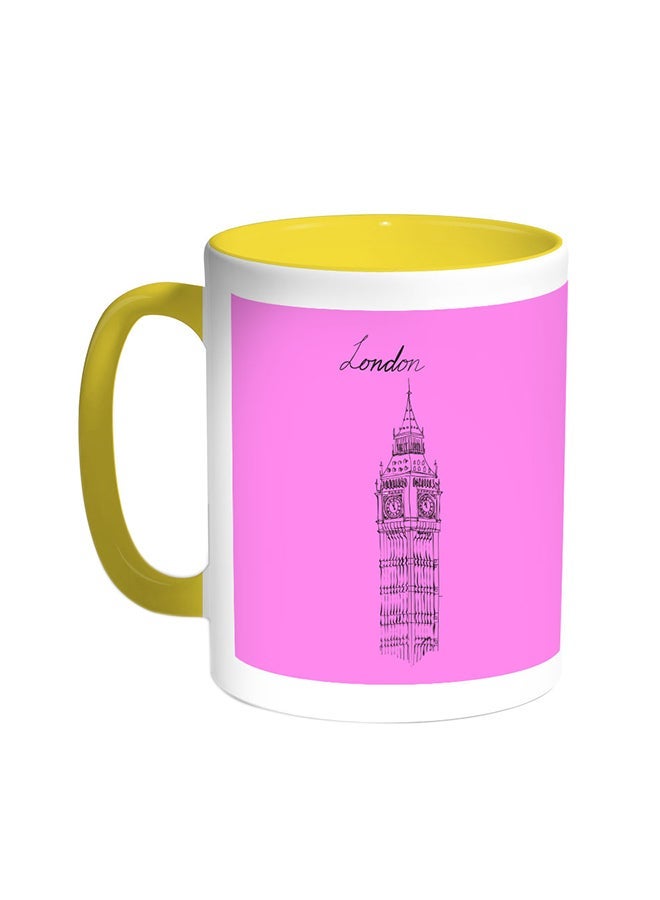 RYN معالم - كوب قهوة مطبوع بساعة بيغ بن أصفر/أبيض 11 أونصة