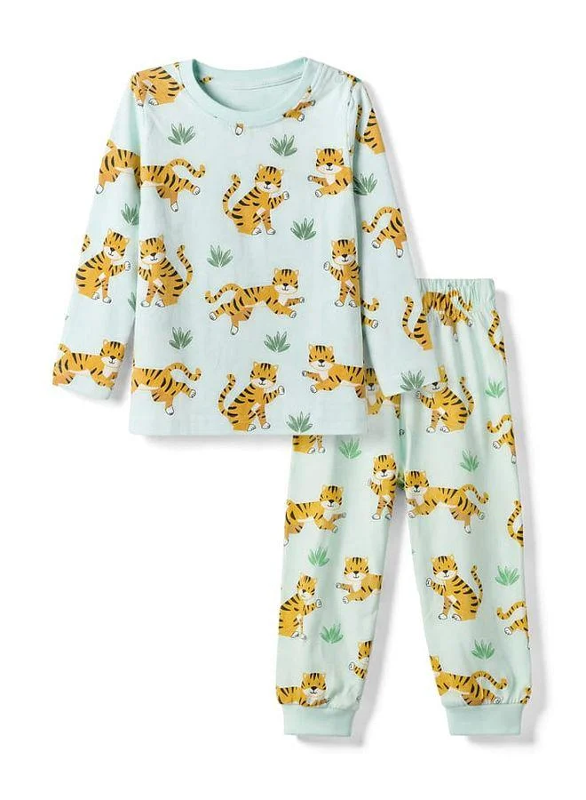 Babyhug Babyhug Cotton Knit Full Sleeves Pajama Night Suit with Tiger Print - Light Green