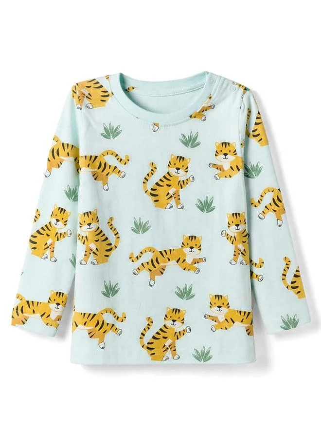 Babyhug Babyhug Cotton Knit Full Sleeves Pajama Night Suit with Tiger Print - Light Green