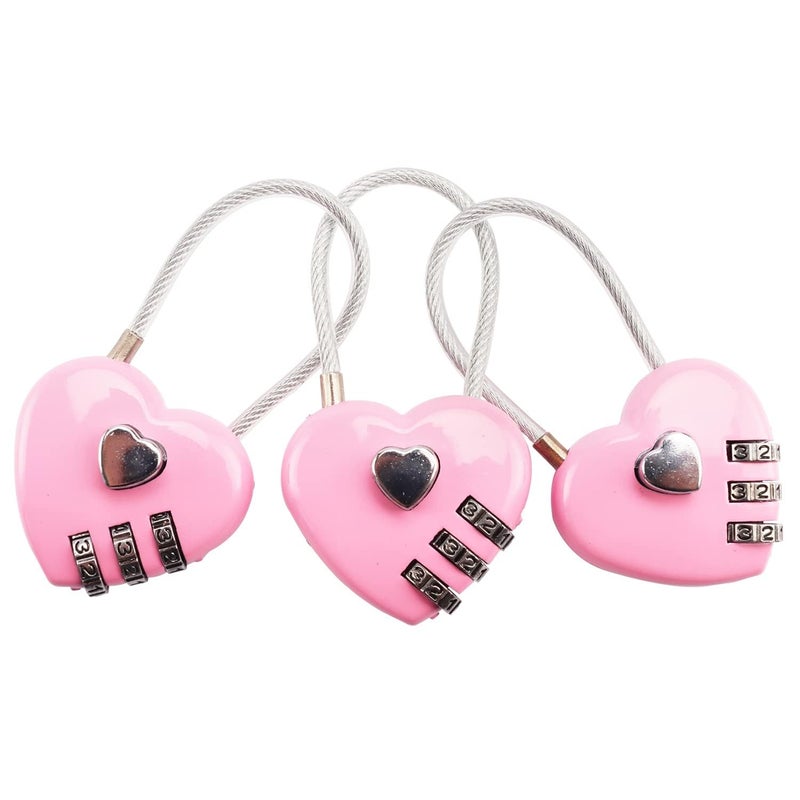 Simple polymer 3 Pcs Pink Heart Padlock Small Metal Heart Shaped Padlock Mini Code Lock Wire Rope 3Digit Code Combination Padlock for Jewelry Storage Box Diary BookPink