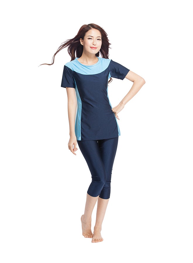 شاربدو طقم لباس سباحة بور من النايلون بفتحة رقبة مستديرة مكون من قطعتين أزرق كحلي - Image 1