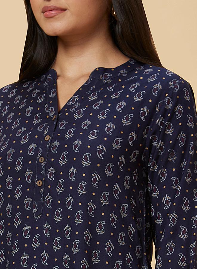 Globus Women Navy Blue Printed Straight Kurta - Image 5