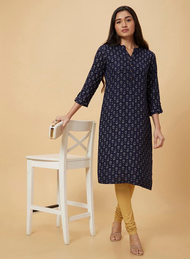 Globus Women Navy Blue Printed Straight Kurta - Image 1