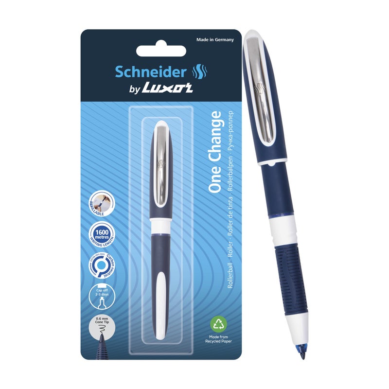Luxor Schneider, One Change, Rollerball Pen, Pack of 1, Ink Colour- Blue, 0.6 mm Cone Tip, Refillable Waterproof Ink, 1600 Metres Writing Length, Ideal For Professionals - Image 2