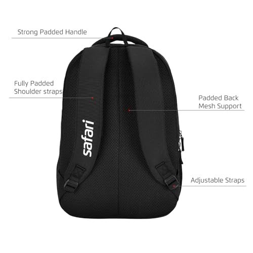 Safari Omega Pro Laptop Backpack With Raincover, 3 Compartments, Bottle Holder, Organizer, Unisex Bag For Boys & Girls, School/College/Office/Travel Bag, Color- Black, 35L - Image 3