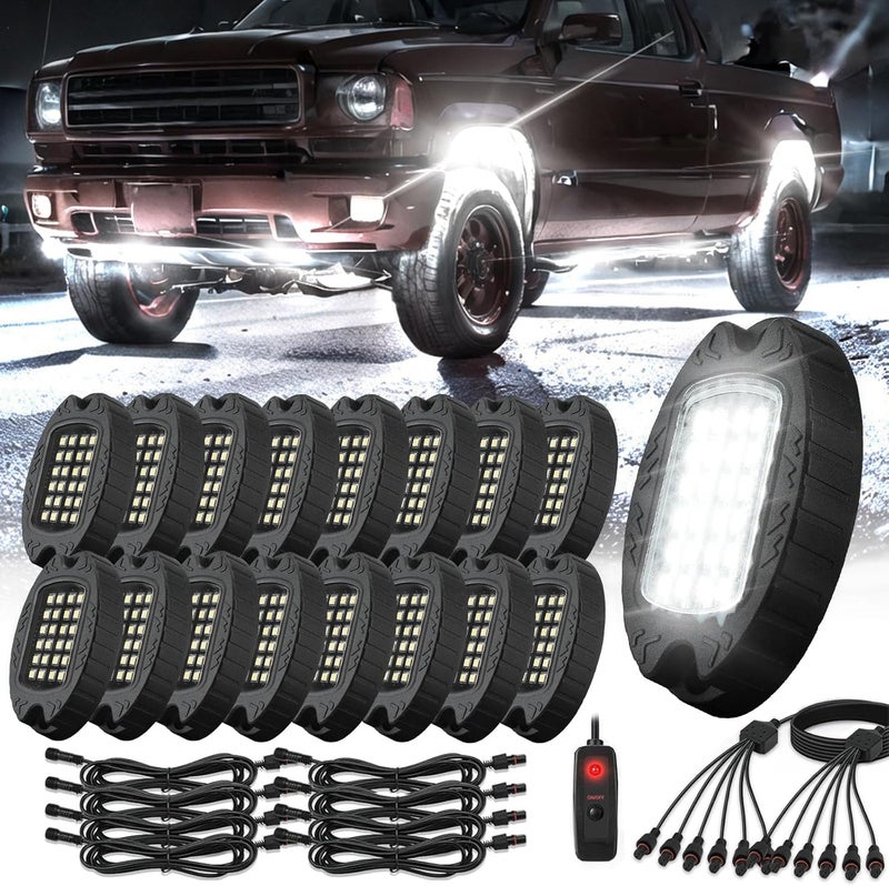 TDE Explorer.Lighting 16 Pods White Rock Lights with Wiring Harness, Waterproof RGB White LED Rock Lights, White Led Rock Lights Underglow Neon Light for Truck, Jeep, Trailer, Golf Cart, SUV, ATV, UTV - Image 1