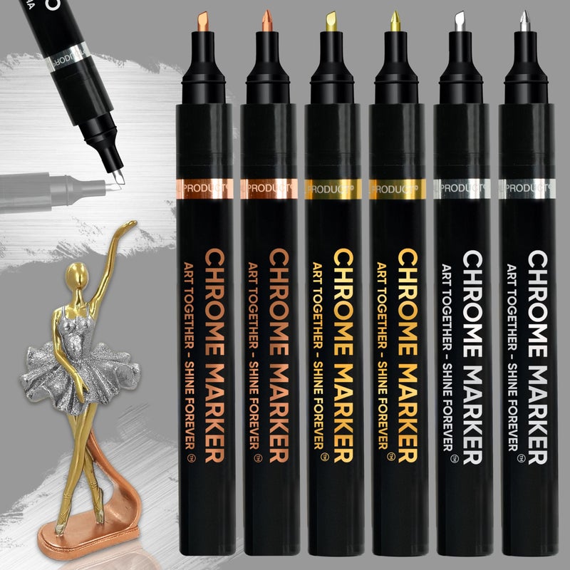 COORIART 6PK Liquid Chrome Markers - Permanent Mirror Chrome Pens, Chrome Paint Pens for Plastic, Metal, Model Painting, Touch Up & Repair Kit, Set of 2 Tips (0.7mm, 1-3mm) - Image 1