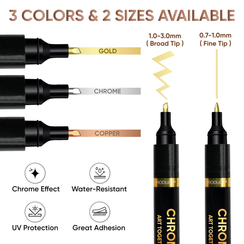 COORIART 6PK Liquid Chrome Markers - Permanent Mirror Chrome Pens, Chrome Paint Pens for Plastic, Metal, Model Painting, Touch Up & Repair Kit, Set of 2 Tips (0.7mm, 1-3mm) - Image 2