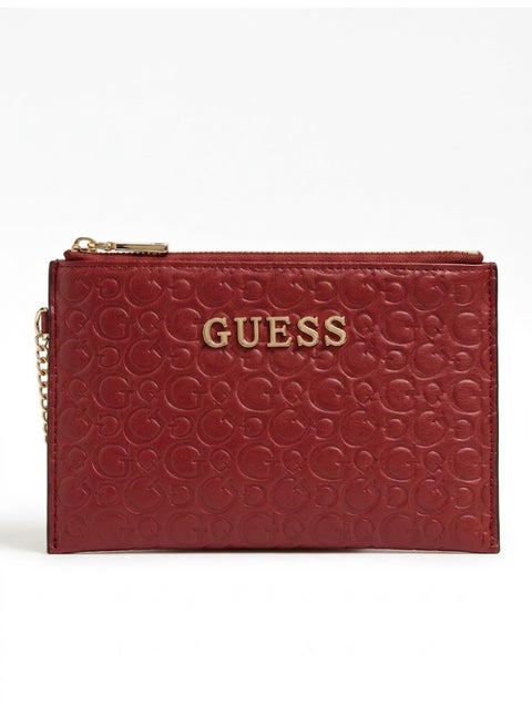 GUESS Women’s Red Embossed Logo Zip Pouch Wallet – Premium Leather Wristlet Clutch