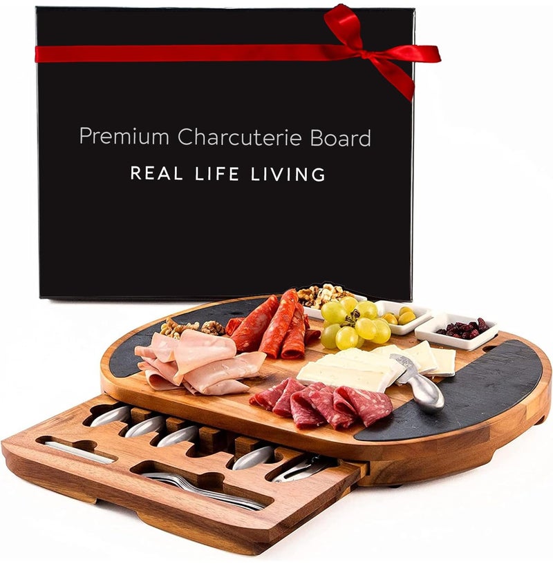 Real Life Living Premium Oval Charcuterie Board Cheese Board Set Acacia Wood Stainless Steel Knives  Christmas Gifts for Women House Warming Gifts Ideas New Home Wedding Gifts for Couple Bridal Shower 