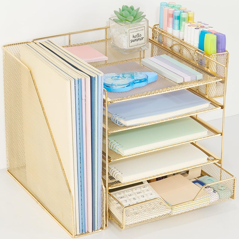 Gugsey Desk Organizer, 5-Tier Paper Letter Tray Organizer with File Holder, Drawer and Pen Holder, Desktop Organizer for Office Supplies, Gold - Image 1