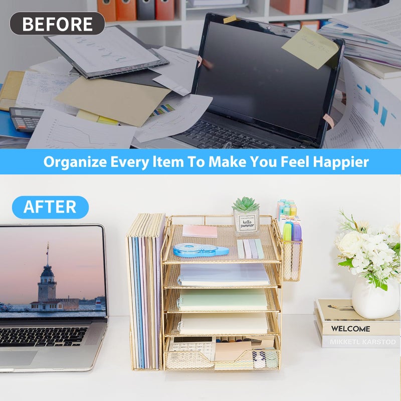 Gugsey Desk Organizer, 5-Tier Paper Letter Tray Organizer with File Holder, Drawer and Pen Holder, Desktop Organizer for Office Supplies, Gold - Image 4