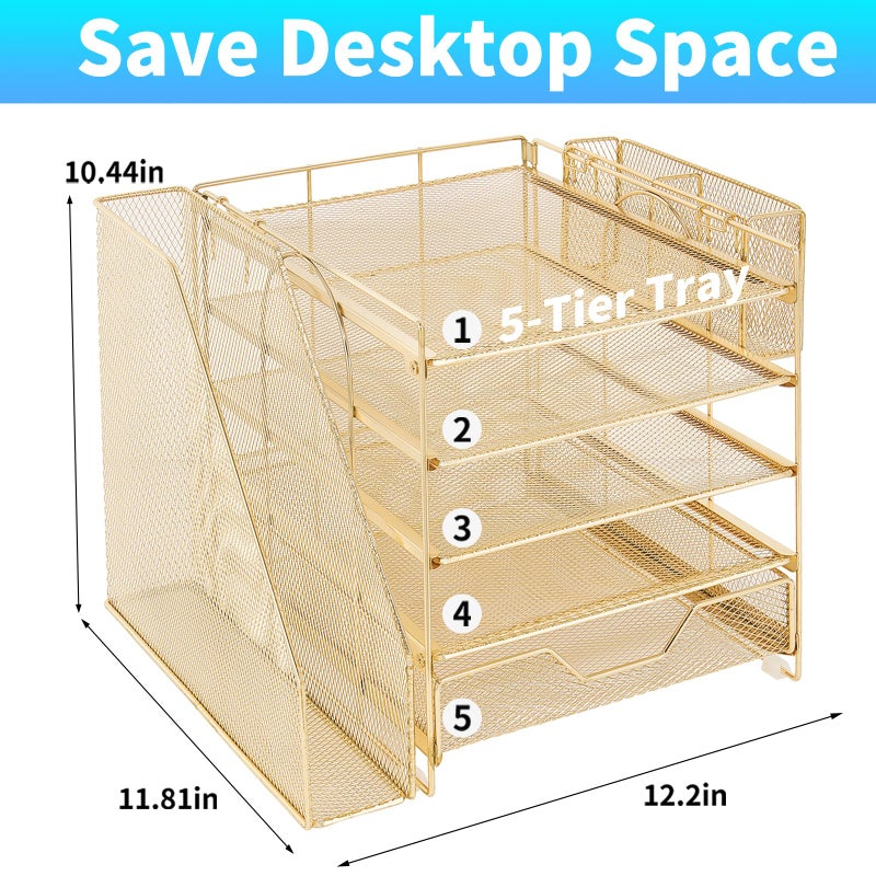 Gugsey Desk Organizer, 5-Tier Paper Letter Tray Organizer with File Holder, Drawer and Pen Holder, Desktop Organizer for Office Supplies, Gold - Image 2
