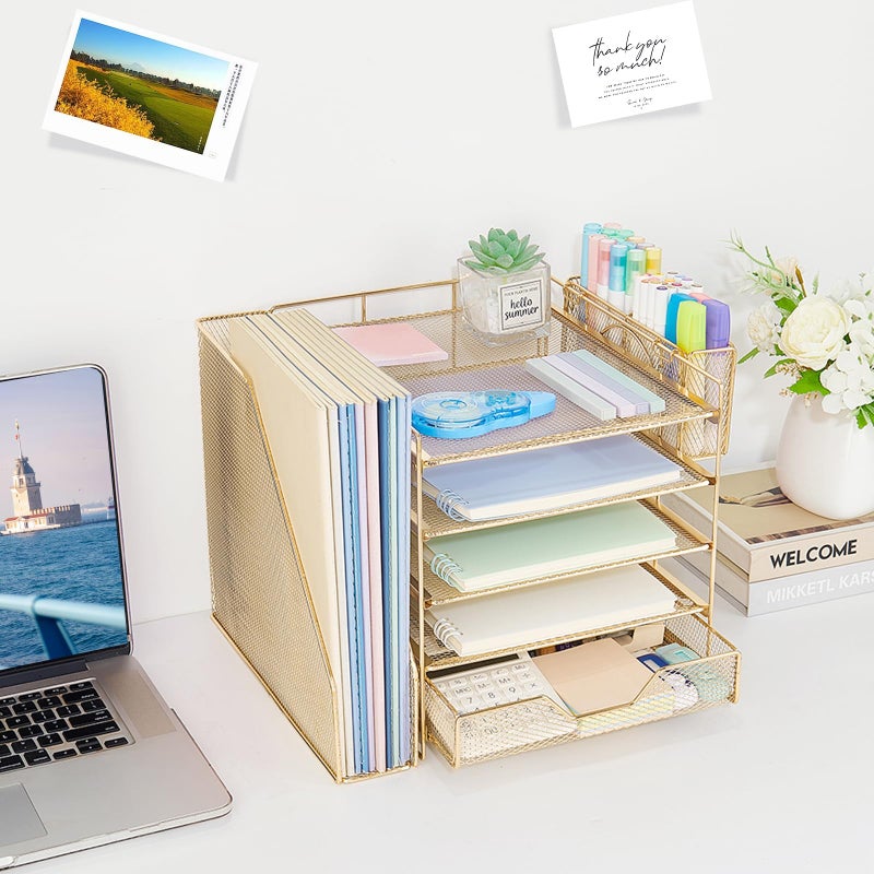 Gugsey Desk Organizer, 5-Tier Paper Letter Tray Organizer with File Holder, Drawer and Pen Holder, Desktop Organizer for Office Supplies, Gold - Image 5