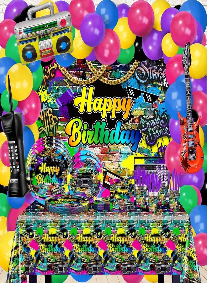 Lecheme 80s Birthday Decorations 280 PCS Back to The 80s 90s Backdrop Balloons Hip Hop Plates Napkins Cups Party Supplies Serve 24 Decades Party Decorations - Image 1
