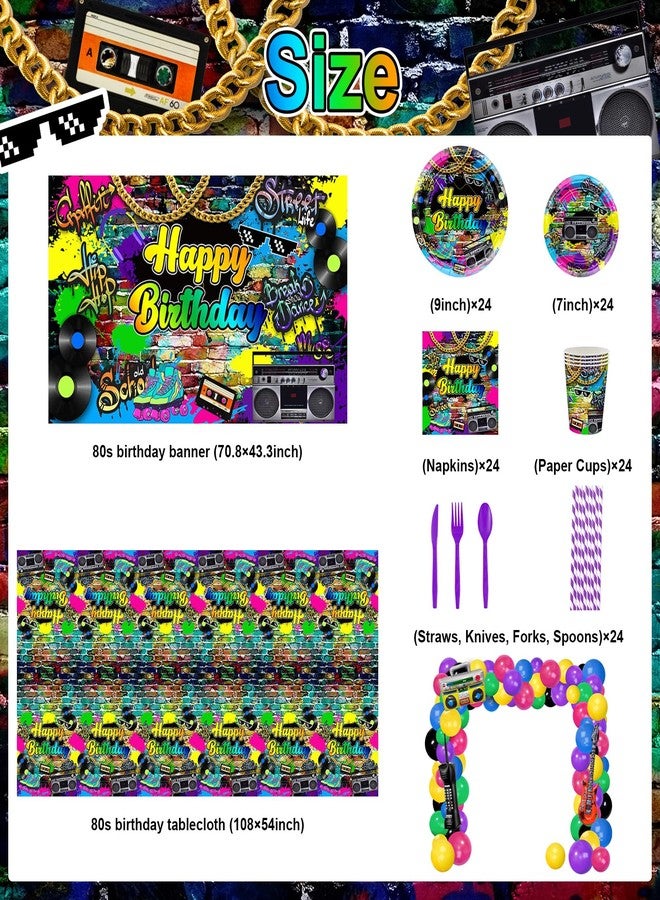 Lecheme 80s Birthday Decorations 280 PCS Back to The 80s 90s Backdrop Balloons Hip Hop Plates Napkins Cups Party Supplies Serve 24 Decades Party Decorations - Image 2