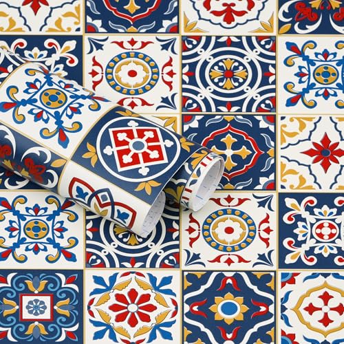 Kitico 17.7" X118.1"Pattern Contact Paper Removable Peel and Stick Wallpaper Colorful Tile Self Adhesive Wallpaper Vinyl Waterproof Easy to Clean for Cabinets Countertop Kitchen Backsplash Shelf Drawer Liner - Image 1