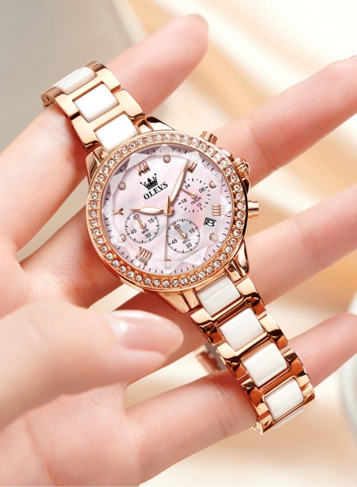OLEVS Elegant Simple Ladies' Bracelet Watch Diamond-Studded Dial with High-Hardness Coated Mirror, Steel-Ceramic Strap, Luminous Waterproof - Image 1