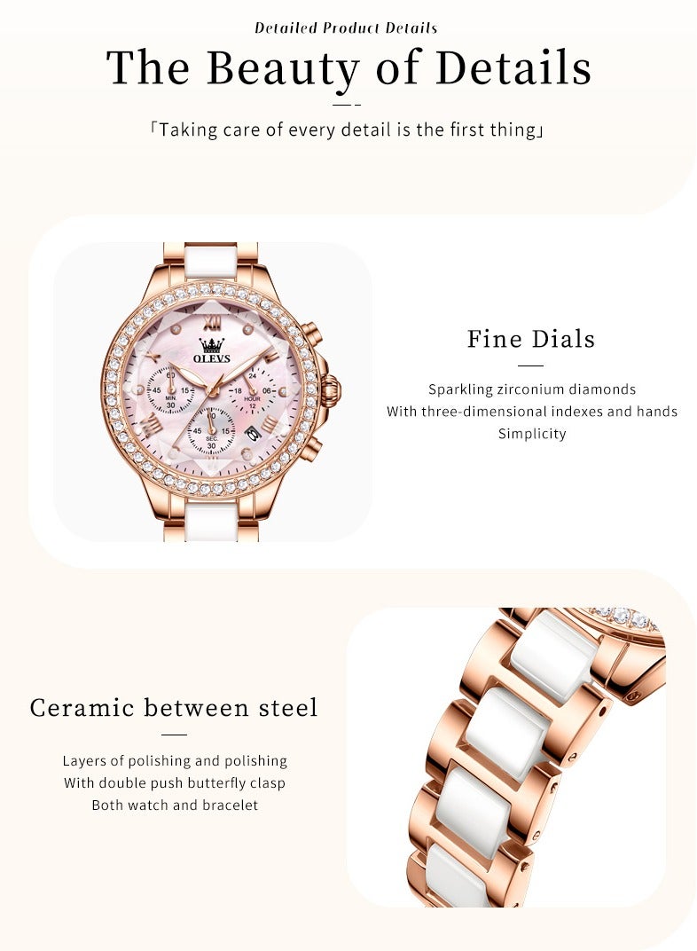 OLEVS Elegant Simple Ladies' Bracelet Watch Diamond-Studded Dial with High-Hardness Coated Mirror, Steel-Ceramic Strap, Luminous Waterproof - Image 4