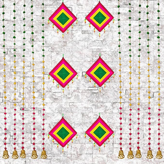 Sellplus Beautiful Handmade Comboo Set Comboo of 10 String Pom Pom with Bell 6 Kite Item for Home Dcor Diwali Festival Navratri Wedding - Image 4
