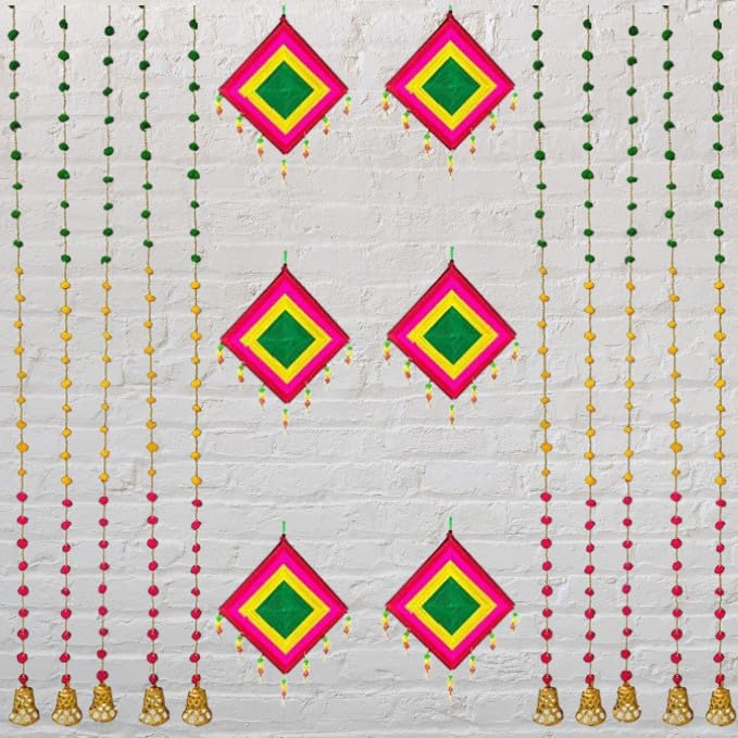 Sellplus Beautiful Handmade Comboo Set Comboo of 10 String Pom Pom with Bell 6 Kite Item for Home Dcor Diwali Festival Navratri Wedding - Image 3