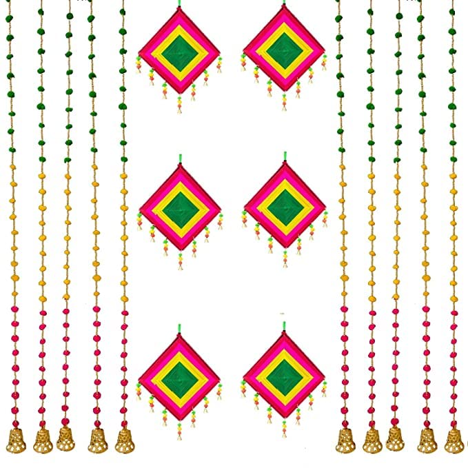 Sellplus Beautiful Handmade Comboo Set Comboo of 10 String Pom Pom with Bell 6 Kite Item for Home Dcor Diwali Festival Navratri Wedding - Image 1