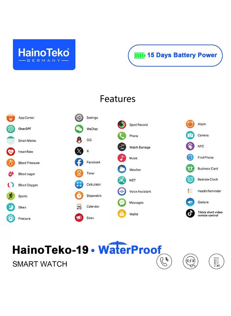Haino Teko HainoTeko-19 Waterproof Smart Watch Large Screen AMOLED Display Smart Watch With 3 Pair Straps Charging Cable and 15 Days Battery Life Designed for Men Black - Image 5