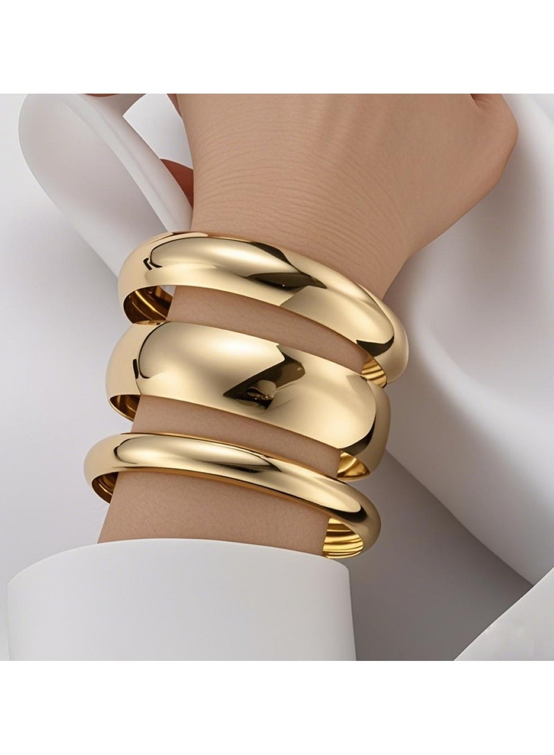 3-Piece Gold Color Tone Chunky & Sleek Bangle Bracelet Set