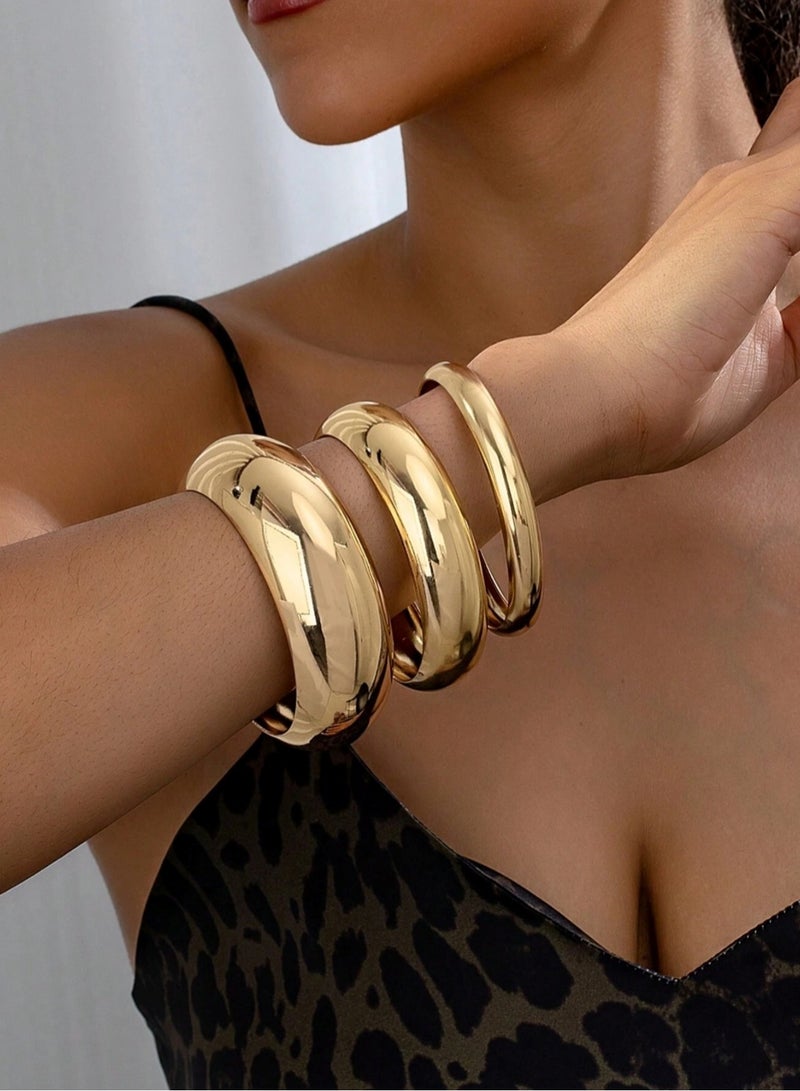 3-Piece Gold Color Tone Chunky & Sleek Bangle Bracelet Set