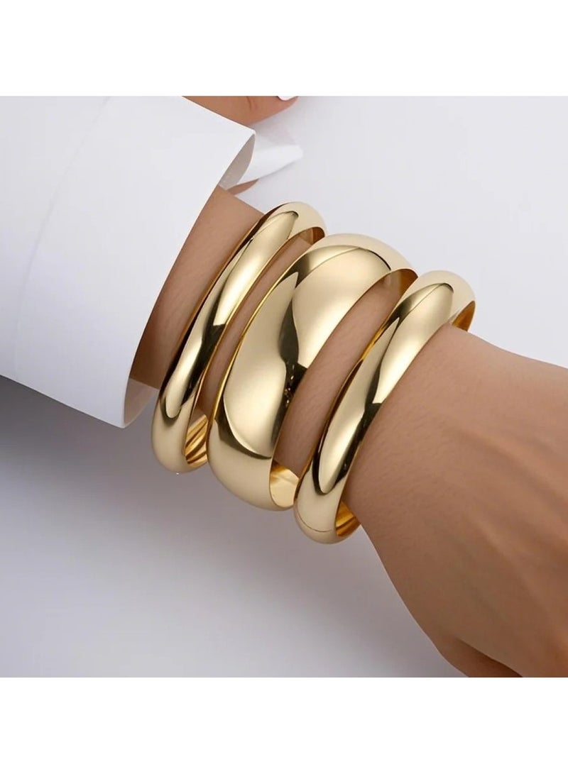 3-Piece Gold Color Tone Chunky & Sleek Bangle Bracelet Set