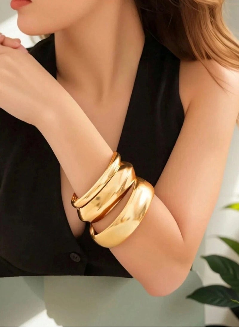 3-Piece Gold Color Tone Chunky & Sleek Bangle Bracelet Set