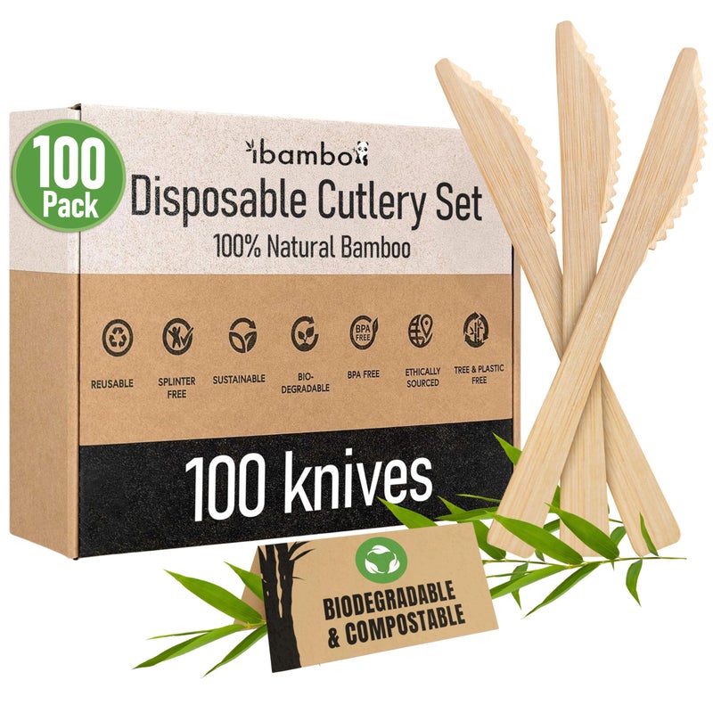 ibambo 100 Bamboo Knives Set  100 Eco Friendly Utensils 100 Compostable Knives  Bamboo Reusable or Disposable Flatware  Compostable FSC Certified Silverware for Weddings Camping Parties