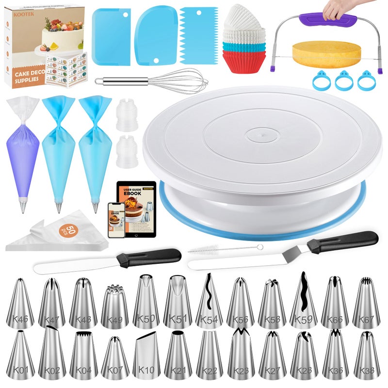 Kootek 140PCs Cake Decorating Kits Baking Supplies Tools with Cake Stand Turntable Piping Bags and Tips Cake Leveler Frosting Icing Spatulas More Accessories for Cake Cupcake Decorations