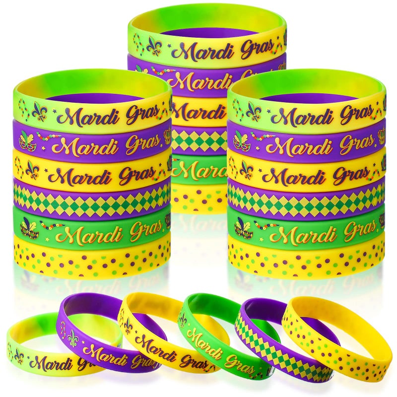 Kasyat 30 Pieces Mardi Gras Silicone Bracelets Mardi Gras Wristbands for Carnival Birthday Party Decorations Goodie Bag Stuffers Fillers Supplies - Image 3