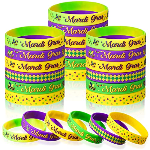 Kasyat 30 Pieces Mardi Gras Silicone Bracelets Mardi Gras Wristbands for Carnival Birthday Party Decorations Goodie Bag Stuffers Fillers Supplies - Image 1