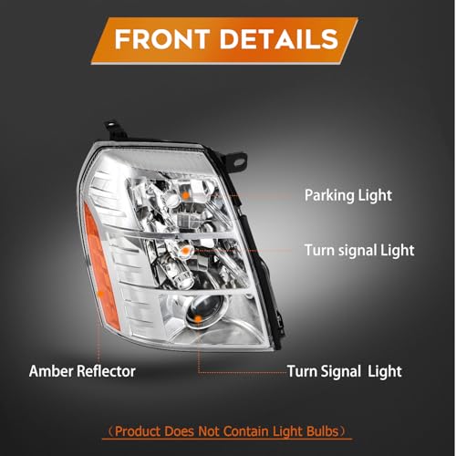 LBRST Headlight Assembly for Escalade 2009-2014 for ESV 2009-2014 for EXT 2009-2013 Chrome Housing Clear Lens Amber Reflector Passenger Side Headlamp(Bulbs not Included) - Image 3
